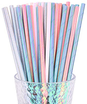 YAOSHENG Iridescent Paper Straws, Pack 100 for Party Supplies,Birthday,Wedding,Bridal/Baby Shower,Juice, shakes,Smoothies