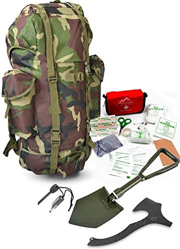 Survival Set BW Bundeswehr Flecktarn Kampfrucksack + Bundeswehr Spaten nach TL + Tomahawk M48 + Feuerstarter + Erste Hilfe Notfall Kit Farbe Wood-Land