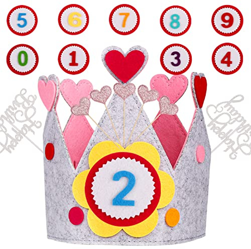 LUERFUN Geburtstagskrone für Kinder, Geburtstag Kinderkrone Geburtstagskrone Stoffkrone, Unisex Kinderkrone Einstellbar mit Auswechselbaren Zahlen 0-9（Rosa）