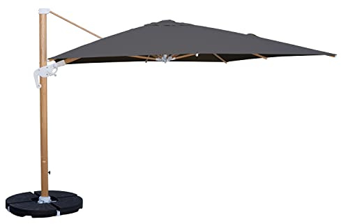 Brigros Estosa - Ombrellone da Giardino Roma Wood, Braccio Laterale in Alluminio con Effetto Legno, Telo da 250gr, Rotazione 360°, Decentrato, Antracite, 4 x 4