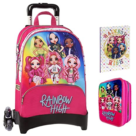 Schultrolley Rainbow High Rosa 3 Räder mit abnehmbarem Rucksack + Federmäppchen 3 Etagen + Tagebuch 2022/2023 + Gratis 7 löschbare Stifte + Leuchtstift LED und Schlüsselanhänger