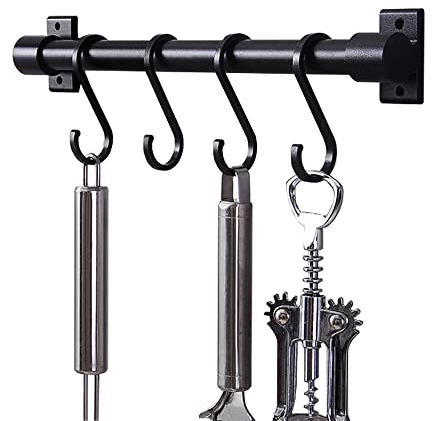 Melairy Barre à ustensiles de cuisine de 30 cm avec 5 crochets coulissants - Barre de suspension (sans perçage) - Support mural pour ustensiles de cuisine - Pour cuillère, planche à découper - Noir