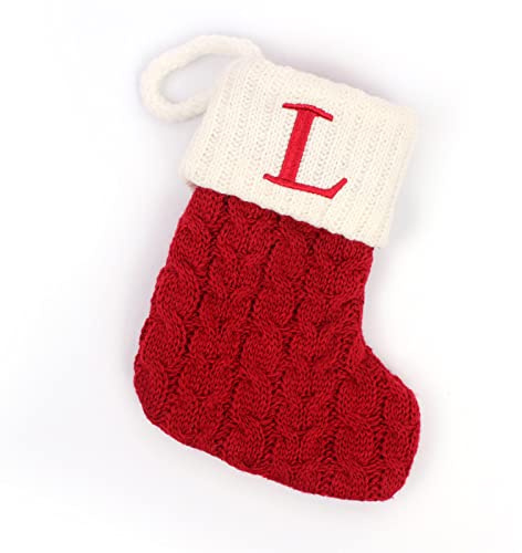 Evemri Christmas Stockings with Initials, 7.1 Inches Small Embroidered Letter Knit Red White Christmas Stocking for Family Holiday Decorations and Xmas Tree Fireplace (L)