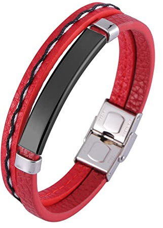 KnSam Bettelarmband Charm, PU Leder Herrenarmband Retro 2 Schichten Herren Armbänder Gravur Edelstahl Handhandgelenk Kette Schwarz mit Sicherheitsverschluss, Länge 18.5CM BFF Geschenke