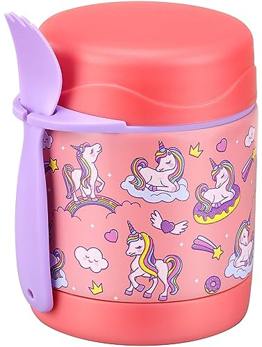 10oz Soup Thermo for Hot Food Kids,Lunch Thermo Kids Food Jar with Spoon Hot Insulated Food Containers,Leak Proof Stainless Steel Wide Mouth Lunch Thermo Jar for School(Pink-Unique Horse)