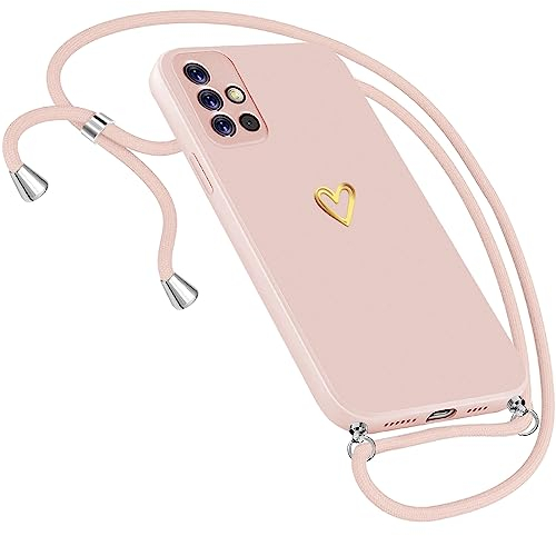 Samsung Galaxy A51 4G Handykette mit Herz Motiv und Ultradünner Hülle - Band Kordel zum Umhängen - Handyhülle mit Necklace (Rosa)