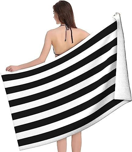 SIVAGA Mikrofaser Strandtuch Groß 100x200 cm Schwarz-Weiß Gestreift Badetuch 3D Schwarz-Weiß Gestreift Weiches Leicht Handtuch Schnelltrocknend Sandfreies Strandhandtuch Saunahandtuch Reisehandtuch