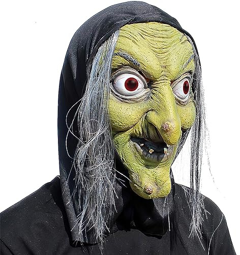 Lotvic Halloween Maske, Masken der Alten Hexe, Latex Halloween Maske mit Haaren und Glühende Augen, Grün Silikon Maske für Maskerade Cosplay, Ideal für Halloween, Karneval, Motto Grusel Party