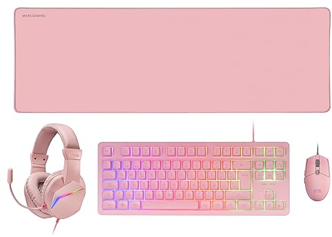 Mars Gaming MCP-RGB3, Ensemble Clavier Gaming Fixe RGB + Souris Gaming RGB Flow 3200 DPI + Casque Over-Ear RGB + Tapis de Souris XXL, Rose, Langue Portugaise