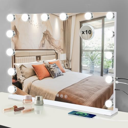 LIANWANG Hollywood Sminkspegel, Spegel met 14 Justerbara LED-lampor, 3 Ljusstyrkelägen, Intelligenta Minnefunktion, Touch Control, USB och Type C Laddare, Väggmontering, Vit, 50x42 cm