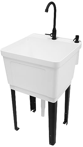 LyeXD White Utility Sink Laundry Tub, Freestanding Wash Station Tub Garage Sink with Rotatable Faucet&Soap Dispenser, Heavy Duty Slop Sink Plastic Laundry Sink for Basement, Garage or Shop, White