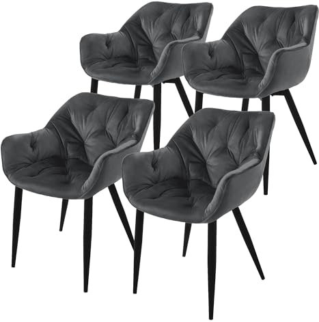 ML-Design Matsalsstolar set om 4 antracit, köksstol med tjock sammetsklädd sits, metallben, vardagsrumsstol med rygg och armstöd, quiltad stoppad stol, ergonomisk fåtölj