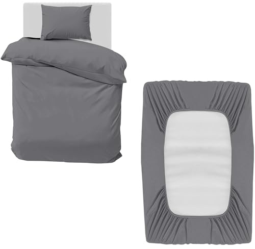 MOONLIGHT20015 Single Bedding Set 3 Piece Duvet Cover Fitted Sheet with Pillow case Soft Brushed Microfiber Duvet Cover sets Grey