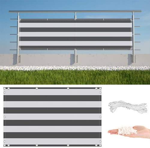 Sichtschutz Balkon 140x1500cm, Windschutz UV - Sichtschutz Balkongeländer, – Leichte Montage & Stabiler - Balkonumspannungen für den Gartenzaun oder Balkon, Graue Streifen