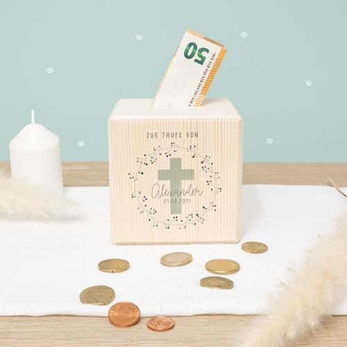 Spardose Taufe - Personalisierte Holzspardose - Geschenk zur Taufe, Taufgeschenk für Mädchen & Jungen - Sparschwein - hellomini (Kreuz Mint)