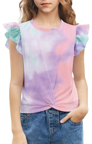 Arshiner Girls Summer Tshirt Twist Front Kids Short Sleeve T-Shirt Ruffle Sleeve Girl Tie Dye Tunic Tee Tops 150