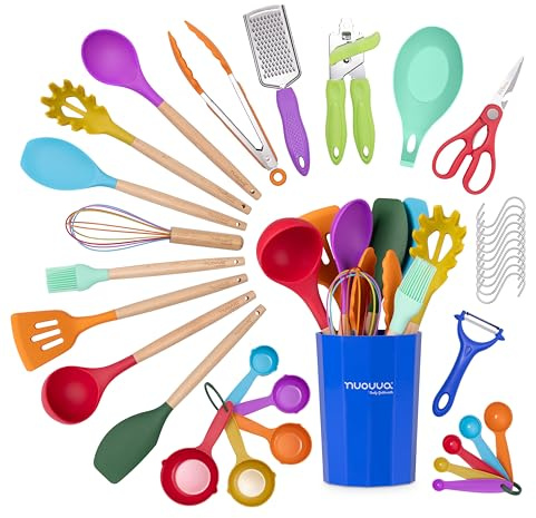 Kitchen Non Stick Cooking Utensils Set – Heat Resistant Silicone Utensils with Wooden Handle – Ladles, Spoons and Spatulas Set – Kitchen Tools & Accessories – 35pcs, Colorful – by Nuovva
