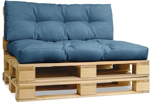 Palettenkissen für Europalette - Rückenlehne 40x120 cm, Sitzkissen 80x120 cm blau - aus dickem Polsterstoff, mit weicher Füllung - Set aus 2 Palettenauflagen, Outdoorkissen, Outdoor Sitzkissen