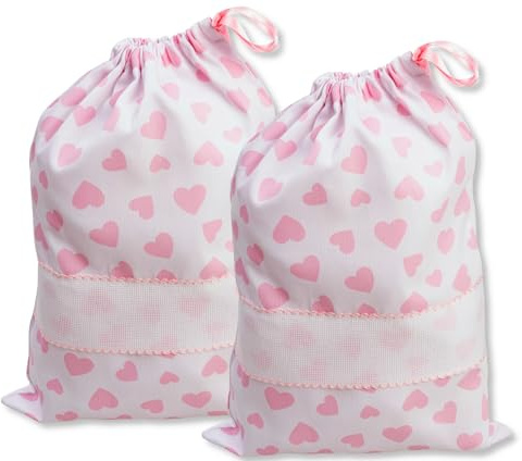 FILET - Set 2 Sacchetti Porta Corredino da Ricamare, Chiusura a Coulisse, in Piquet di Cotone Bianco Stampa Cuori, Dim. 27 x 35 cm, Made in Italy, Rosa