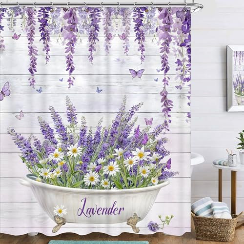 Famiffty Tenda da doccia viola lavanda 152 x 182 cm lilla floreale farfalla foglie rustico vintage fiore fattoria country tavola di legno accessori da bagno set decorazione tessuto impermeabile 12