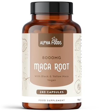 Maca Kapseln hochdosiert | 240 vegane Kapseln | Maca Schwarz 10:1 Extrakt | 8000 mg pro Kapsel | Pulver aus der Maca Wurzel | Hochdosiert und vegan | Alpha Foods