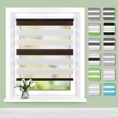 Doppelrollo Klemmfix ohne Bohren B85 x H120(Stoffbreite 81cm) Weiß-beige-braun, Rollos für Fenster, Rollo ohne Bohren mit Lichtdurchlässig und Verdunkelnd/Höhe Stufenlos Verstellbar/Kindersicherung