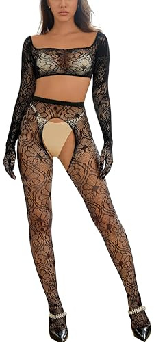Bommi Fairy Ensemble de lingerie sexy pour femme - Tenue séduisante - Haut à gants transparent à manches longues + collants résille - Body grande taille (noir)