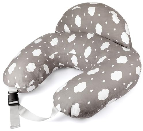 PASUKTER Nursing Pillow, Pregnancy Pillow, Multifunctional Breastfeeding Pillow with Adjustable Waist Belt and Safety Raised Fence, 100% Cotton Cover (Clouds)