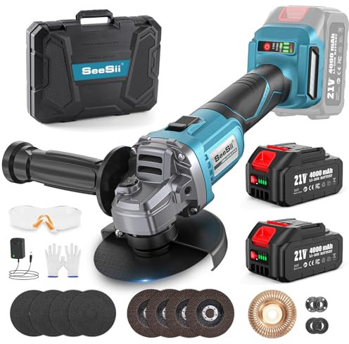 Seesii Amoladora angular inalámbrica de 4-1/2 pulgadas, herramienta de batería sin escobillas de 21 V con 2 baterías de 4.0 Ah, amoladora eléctrica de 10000 RPM para corte de metal, molienda, pulido