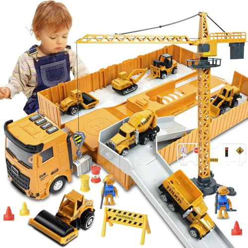 Aolso Camion Transporteur Voiture, Camion Jouet Enfant, 1-6 Ans Cadeau Anniversaire Jaune Véhicules Enfants, avec Musique & Lampe, 6 Mini Véhicules de Chantier, Jouets Grue (Jaune)