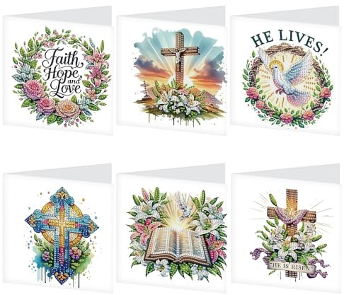 AiYuanzsh 6 Pack Diamond Art Greeting Cards with Envelopes, Religious Diamond Painting Cards Kit, DIY 5D Diamond Art Cards Set, Cross Bible Dove Designs for Christmas, Birthday, Holiday