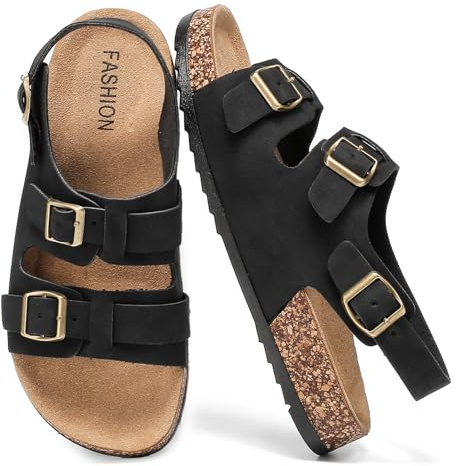 Cork Sandals With Back Strap Double Buckle Footbed Sandals Women and Men | Comfortable Adjustable Ankle Strap Flat Sandals Dressy Open Toe Mules Slides Casual Non Slip Summer Shoes sandalias de mujer