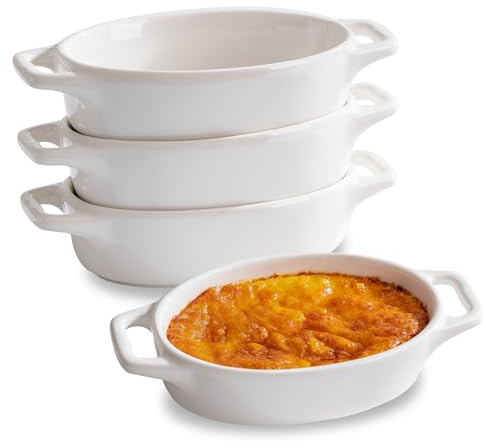 Zaposcca 4-Pack Oval Creme Brulee Ramekins, 4 oz Mini Porcelain Souffle Dish, Ramekins Oven Safe with Double Handles (White)