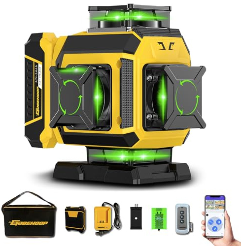 GOBEHOOP 16 Lines 4D Self-Leveling Green Beam Laser Level, 4x360° Adjustable Brightness Cross Line, Bluetooth Remote Control, Pulse Mode, Digital Display, Rotary Window, Durable & High Accuracy