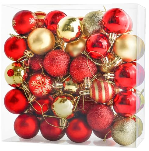 50PCS 4CM Christmas Baubles with Hooks, Red Gold Xnas Ball Ornaments, Glitter Christmas Tree Decorations Baubles Balls
