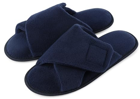 riemot Mens Slipper Open Toe Adjustable Slippers Comfy Fluffy Memory Foam Diabetic Anti-Skid House Shoes Navy UK 10/11