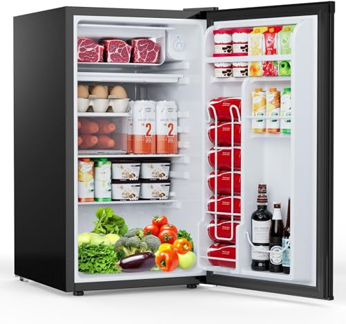 COWSAR 3.2 Cu.Ft Dorm Fridge with Freezer, Single Reversible Door Compact Refrigerator, Adjustable Thermostat, 2 Removable Shelves, Commercial Drink Fridge for Bedroom, Office, Kitchen, Dorm, Black