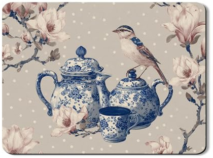 Blue Floral Dish Drying Mats For Kitchen Counter, Vintage Botanical Absorbent Rubber Dish Rack Mat, Spring PU Leather Drying Pad For Coffee Bar 18x24 Inch