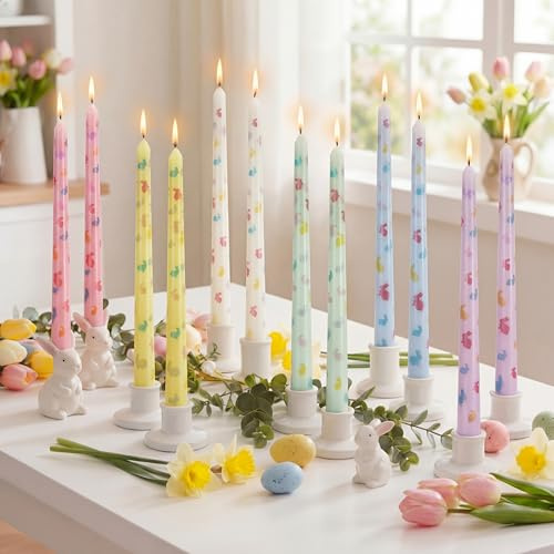 Lyrow 12 Pcs 10 Easter Bunny Taper Candles Pastel Colorful Bunny Candlesticks Smokeless Unscented Tapered Candles for Easter Spring Wedding Table Fireplace Centerpiece Decor