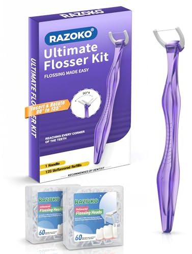 RAZOKO Flosser-kit, striml-resistent, sätt in och rotera 90° till 135° för svåråtkomliga områden, PTFE och PFAS-fri, 1 handtag + 120 påfyllningshuvuden, lila