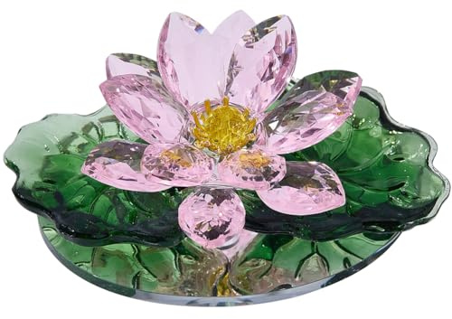 BEAMARKER Figura de Flor de Loto de Cristal Brillante, Adorno de Flor de Loto de Vidrio Rosa Y Verde, Decoración Feng Shui, Pisapapeles Decorativo para el Hogar, Sala de Estar, Dormitorio, Oficina, Es