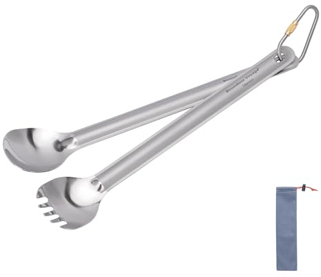 iBasingo Titan Lang Griff Löffel Gabel Spork Camping Suppe Reis Snack Besteck mit Polierter Schüssel Ultraleichtes Picknick Uensilien im Freien Wiederverwendbare Reise Kochgeschirr mit Haken Ti1033T