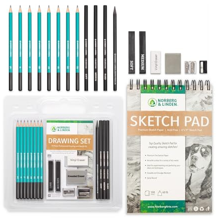 Set de Dibujo - Lápices para Bocetos y Carboncillos - Cuaderno de Dibujo con 100 Páginas y Goma de Masa. Kit con Material Artístico para Niños, Adolescentes y Adultos, Set para Bocetos