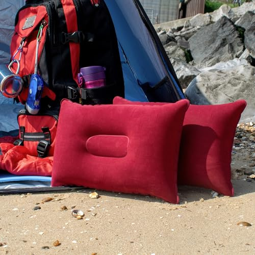 TRIXES Inflatable Pillow for Travel or Camping - Blow up Pillow – Burgundy Twin Pack