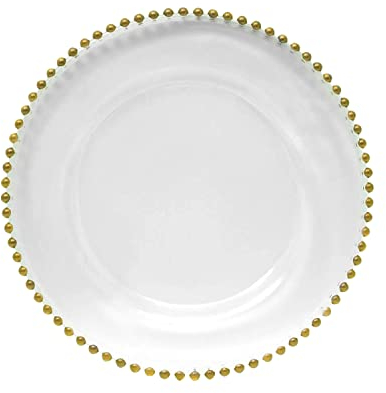 Trimming Shop Elegant Glass Charger Plates with Gold Bead Design, Perfect for Weddings, Parties, and Dining Event Décor - Decorative Glass Chargers with Golden Beaded Rim, Pack of 1
