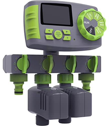 Automatisch 4-Auslässe Bewässerungscomputer Wasser Zeitschaltuhr Garten Bewässerungsuhr Bewässerungssystem, inkl. 1 X 4-Fach-Wasserverteiler, 2 X Magnetventile, Grün …