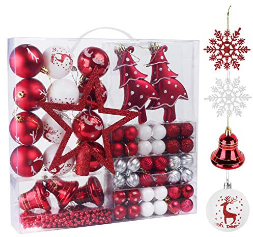 Anstore Weihnachtskugeln 100er Set, Christbaumkugeln Rot Weiß mit Baumspitze Stern, 3cm/6cm Weihnachtsbaumschmuck Set Bruchsicher Kunststoff Weihnachtsbaumkugeln mit Perlketten und Schneeflocken