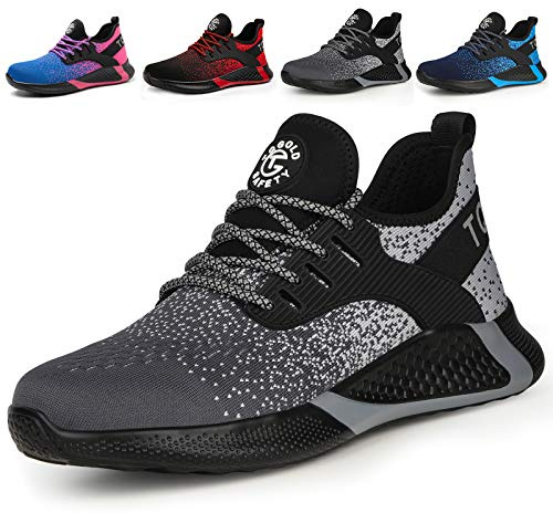 AONETiger Säkerhetsskor män kvinnor lätta arbetsskor stålhätta sportiga skyddsskor andas halkfria skor sneakers, 8195 grå, 42 EU