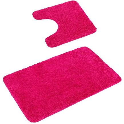 PANA® 'Florenz' Badteppich Set • Flauschige Vorleger für Badezimmer und WC • Waschbare und rutschfeste Badematten • Set: 45 x 45 cm mit WC-Ausschnitt + 50 x 80 cm • Farbe: Fuchsia