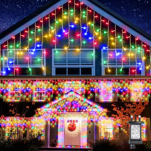 Elegear Icicle Outdoor Christmas Lights Mains Powered with Timer/Memory Fuction, Waterproof Plug in Curtain Fairy Lights for Xmas Window Patio Balcony Eaves Decoration, 10M 400 LED, Multicoloured | Multicoloured Light/ 8 Modes/ Memory/ Timer/End-to-End Connections/IP44 Waterproof for Xmas Tree Garden Outside/ Indoor Dec